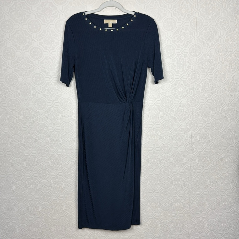 Michael Kors Navy Blue Shirt Dress Stretchy Cinched Short Sleeve Crew Casual